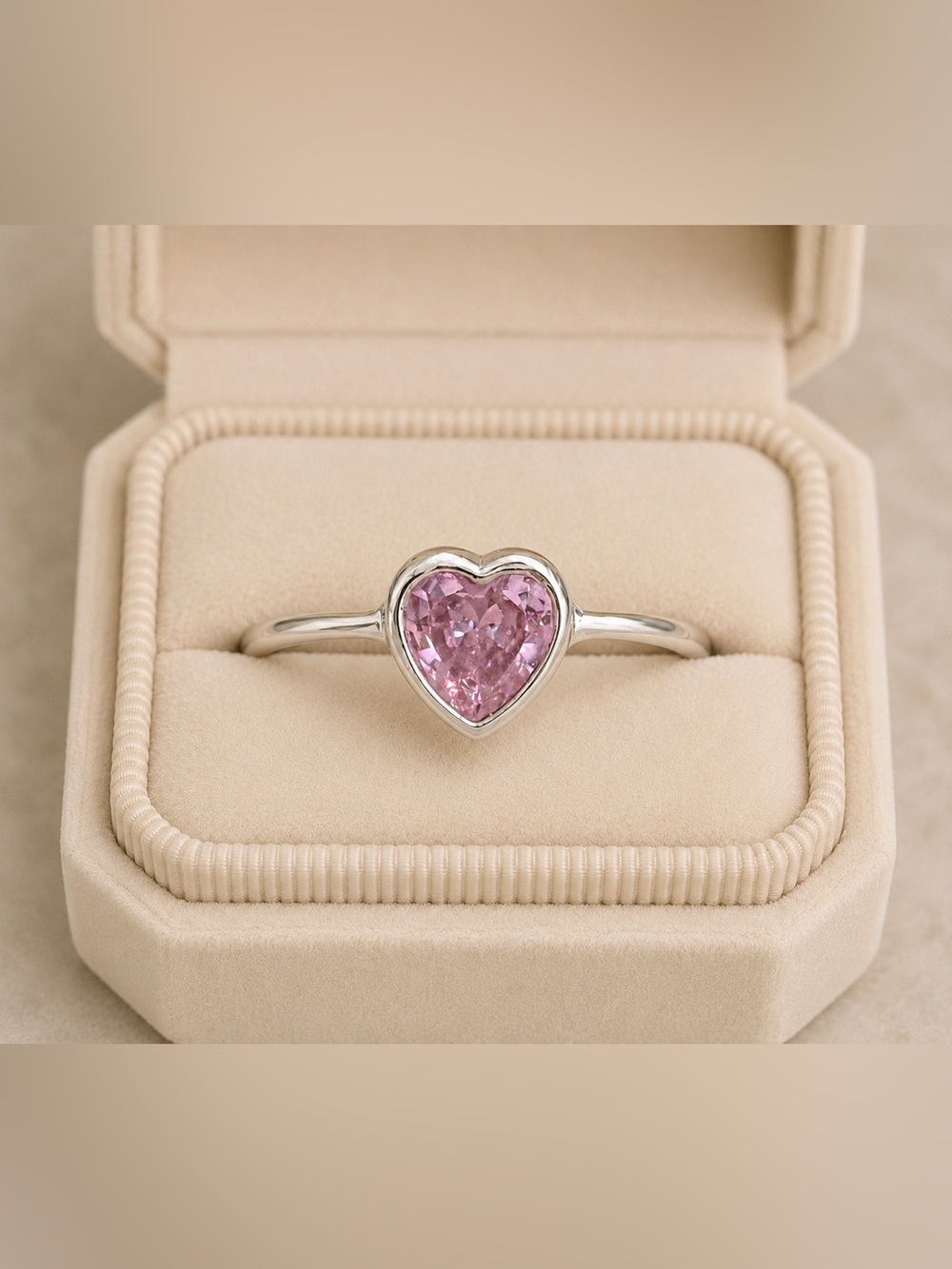 Heart Pink zircon Ring 925 Sterling Silver thin band dainty promise ring.